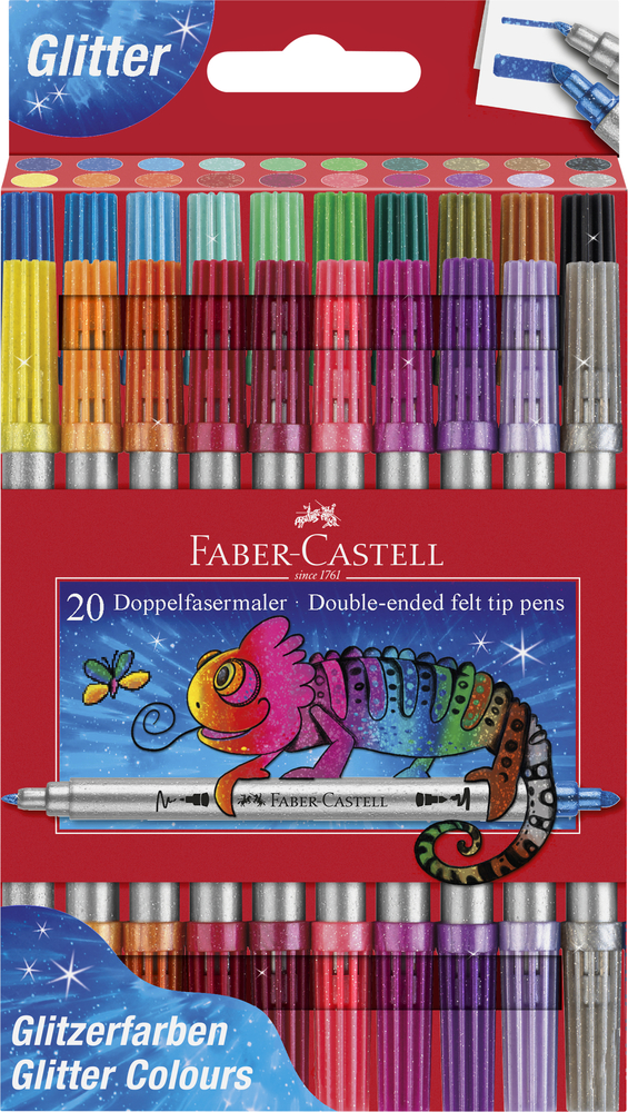 Faber Castell tusser med dobbelt spids tyk/tynd og glitter effekt. Æske med 20 farver.