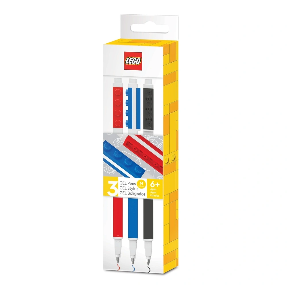 LEGO gelpens, 3 stk. rød, blå og sort i box